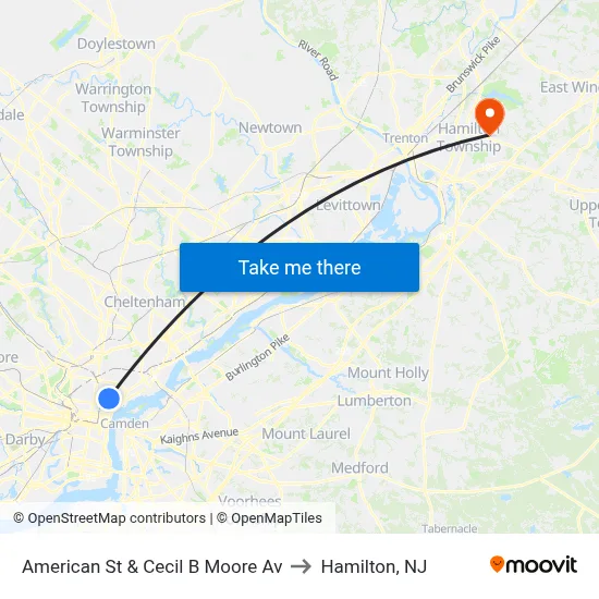 American St & Cecil B Moore Av to Hamilton, NJ map