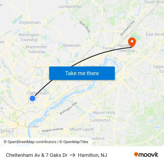 Cheltenham Av & 7 Oaks Dr to Hamilton, NJ map