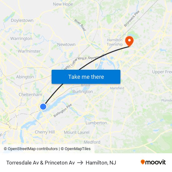 Torresdale Av & Princeton Av to Hamilton, NJ map