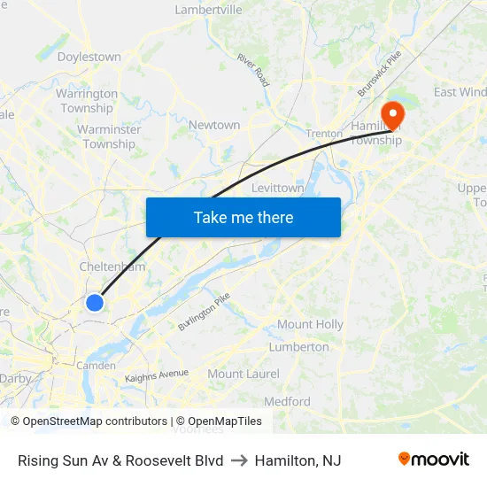 Rising Sun Av & Roosevelt Blvd to Hamilton, NJ map