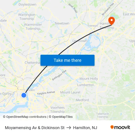 Moyamensing Av & Dickinson St to Hamilton, NJ map