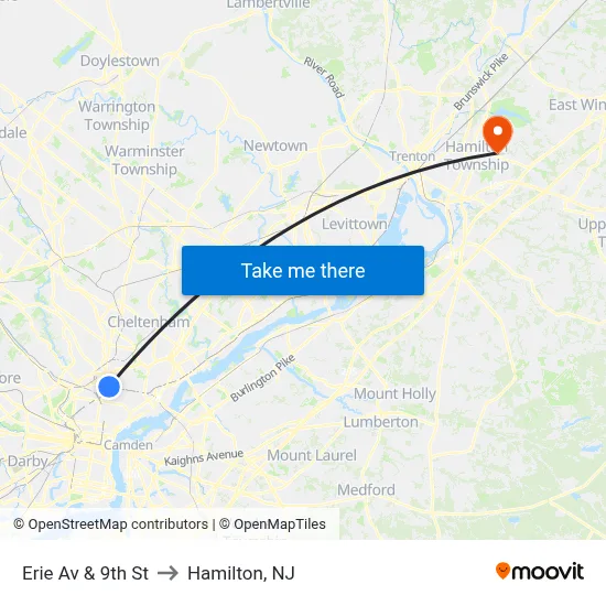 Erie Av & 9th St to Hamilton, NJ map
