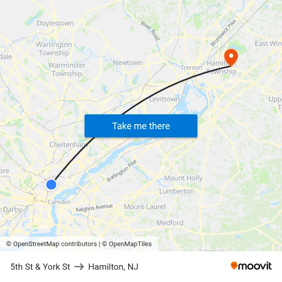 5th St & York St to Hamilton, NJ map