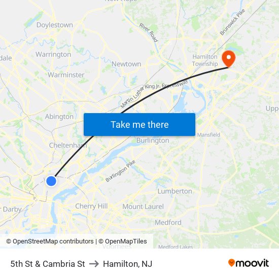 5th St & Cambria St to Hamilton, NJ map