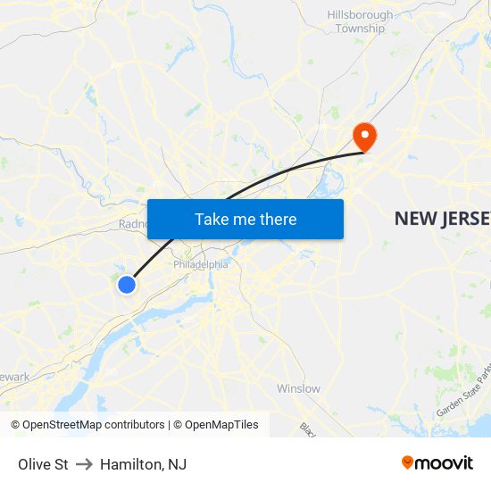 Olive St to Hamilton, NJ map