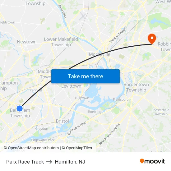 Parx Race Track to Hamilton, NJ map