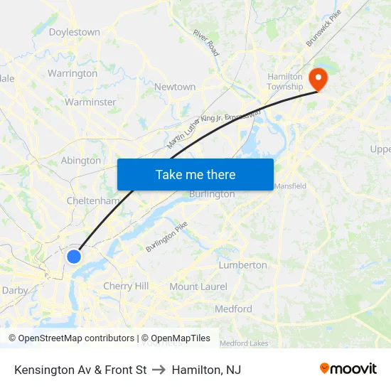 Kensington Av & Front St to Hamilton, NJ map