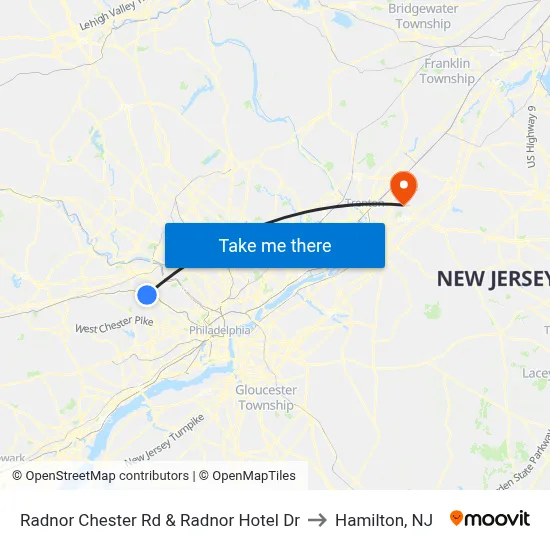 Radnor Chester Rd & Radnor Hotel Dr to Hamilton, NJ map