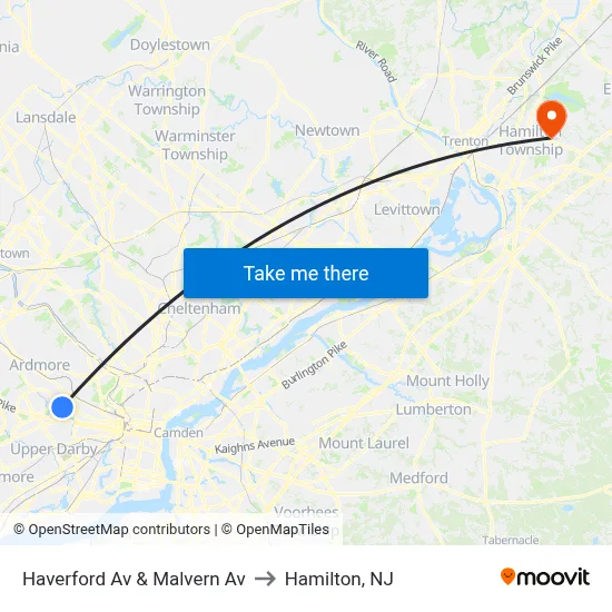 Haverford Av & Malvern Av to Hamilton, NJ map