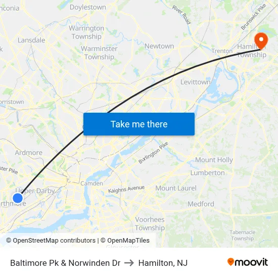 Baltimore Pk & Norwinden Dr to Hamilton, NJ map
