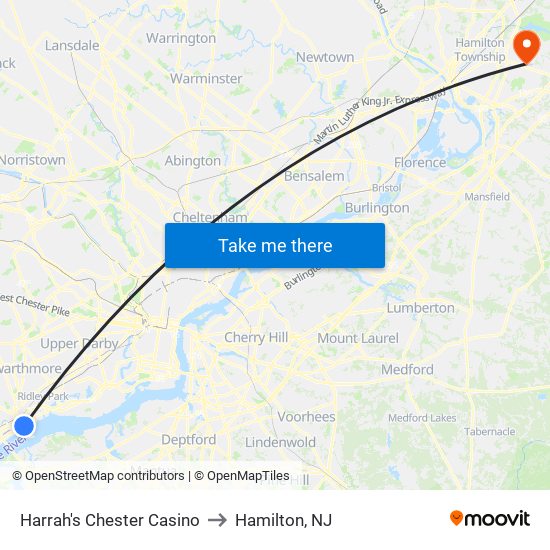 Harrah's Chester Casino to Hamilton, NJ map