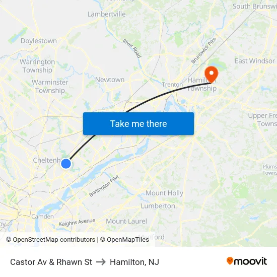 Castor Av & Rhawn St to Hamilton, NJ map