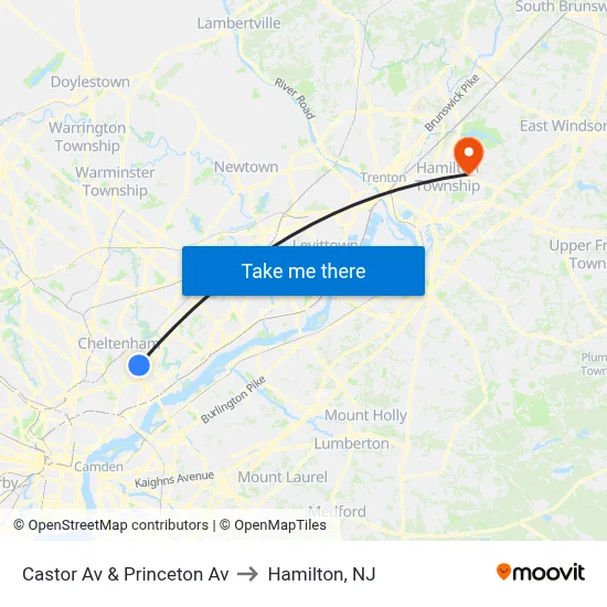Castor Av & Princeton Av to Hamilton, NJ map