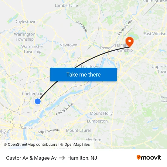 Castor Av & Magee Av to Hamilton, NJ map