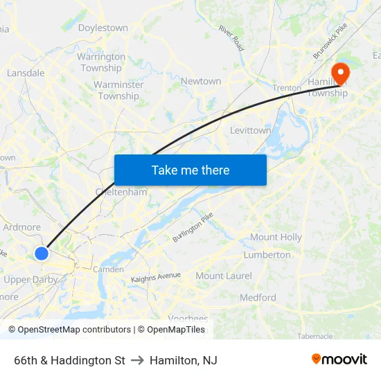 66th & Haddington St to Hamilton, NJ map