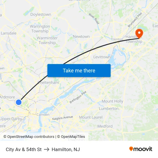 City Av & 54th St to Hamilton, NJ map