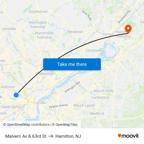 Malvern Av & 63rd St to Hamilton, NJ map