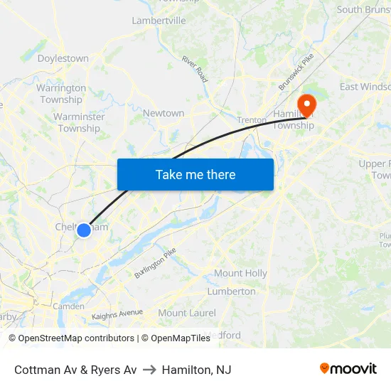 Cottman Av & Ryers Av to Hamilton, NJ map