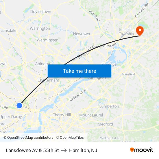 Lansdowne Av & 55th St to Hamilton, NJ map
