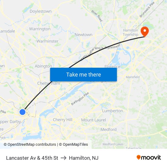Lancaster Av & 45th St to Hamilton, NJ map