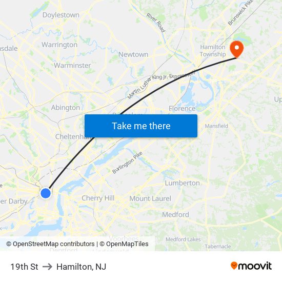 19th St to Hamilton, NJ map