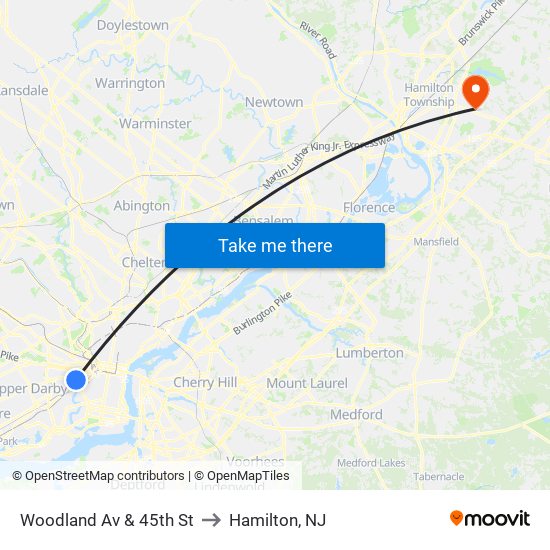 Woodland Av & 45th St to Hamilton, NJ map