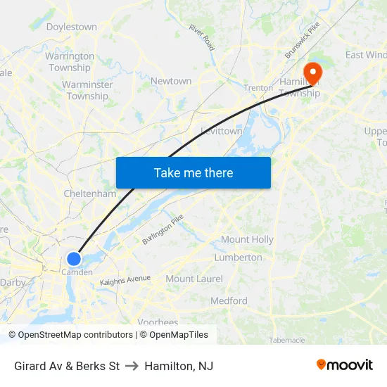 Girard Av & Berks St to Hamilton, NJ map