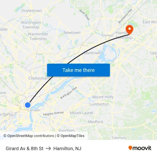 Girard Av & 8th St to Hamilton, NJ map
