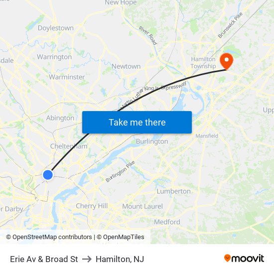 Erie Av & Broad St to Hamilton, NJ map