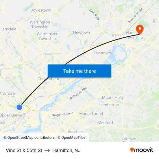 Vine St & 56th St to Hamilton, NJ map