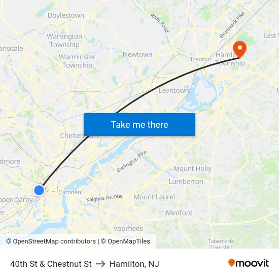 40th St & Chestnut St to Hamilton, NJ map