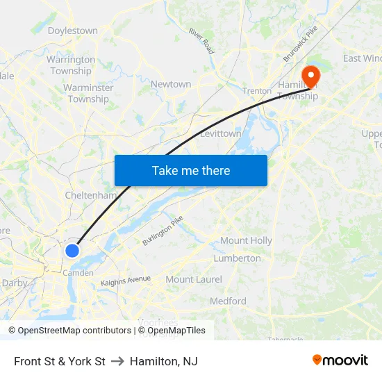 Front St & York St to Hamilton, NJ map