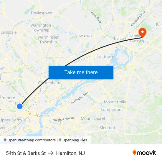 54th St & Berks St to Hamilton, NJ map