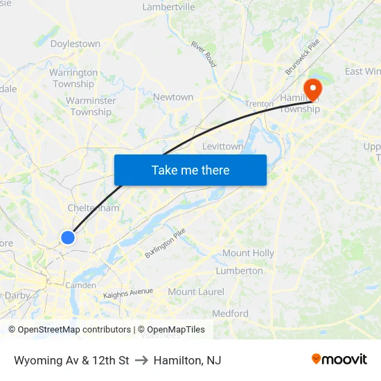 Wyoming Av & 12th St to Hamilton, NJ map