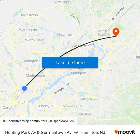 Hunting Park Av & Germantown Av to Hamilton, NJ map