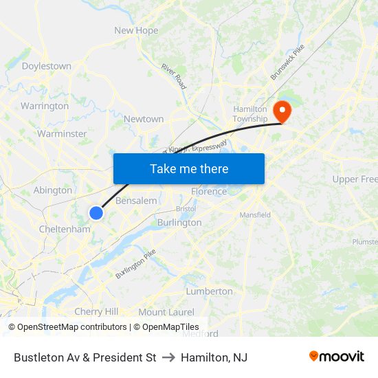 Bustleton Av & President St to Hamilton, NJ map