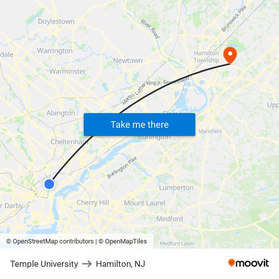 Temple University to Hamilton, NJ map