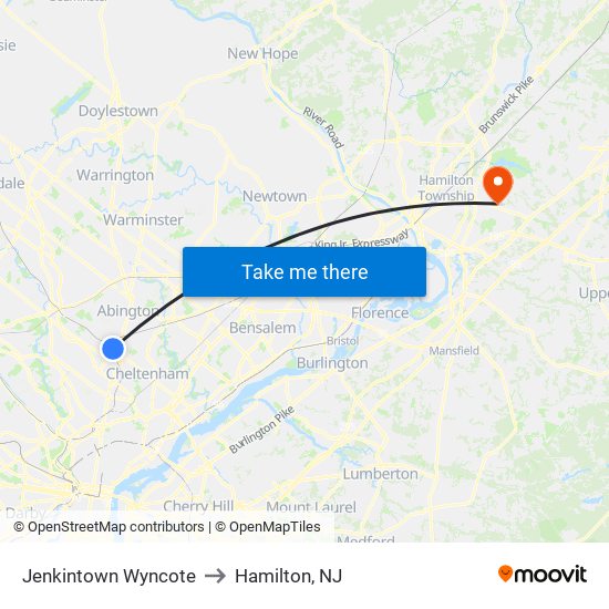 Jenkintown Wyncote to Hamilton, NJ map