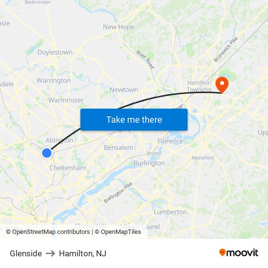 Glenside to Hamilton, NJ map
