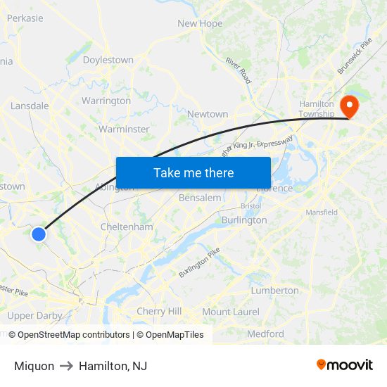 Miquon to Hamilton, NJ map