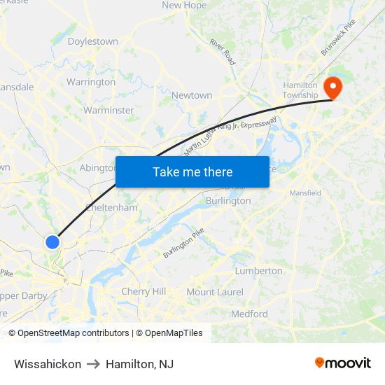 Wissahickon to Hamilton, NJ map