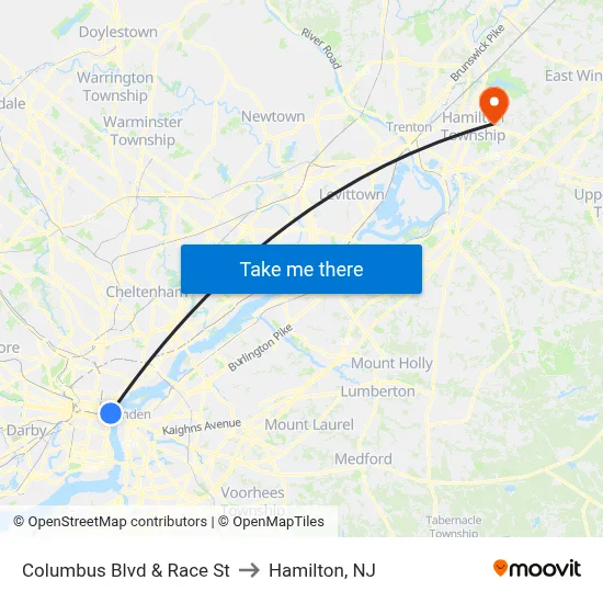 Columbus Blvd & Race St to Hamilton, NJ map