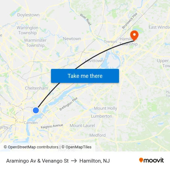 Aramingo Av & Venango St to Hamilton, NJ map
