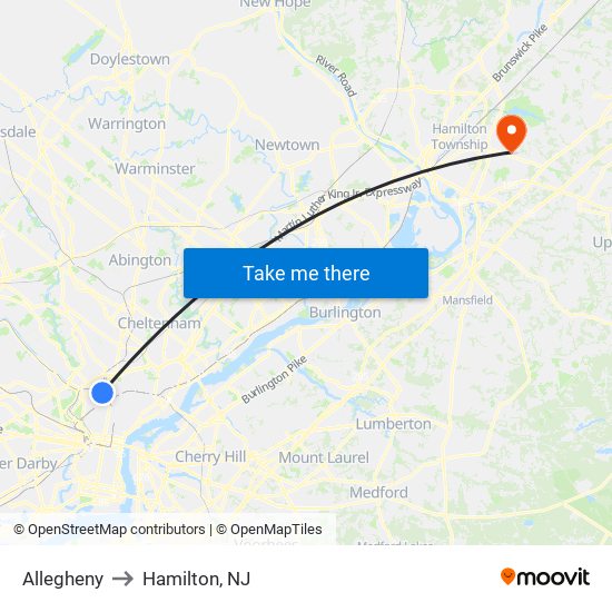 Allegheny to Hamilton, NJ map