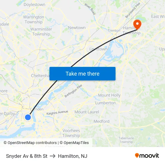 Snyder Av & 8th St to Hamilton, NJ map