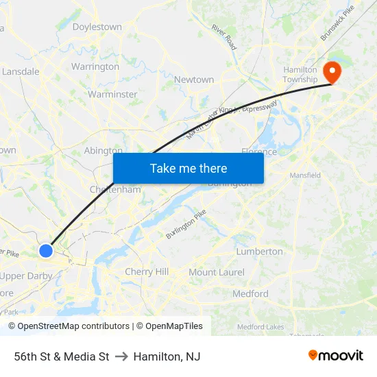56th St & Media St to Hamilton, NJ map