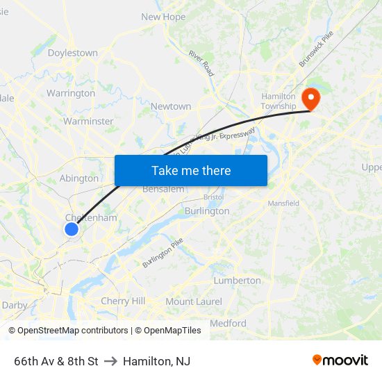 66th Av & 8th St to Hamilton, NJ map