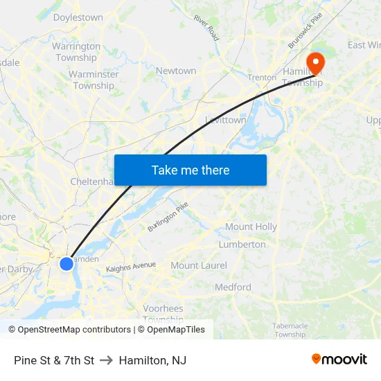Pine St & 7th St to Hamilton, NJ map