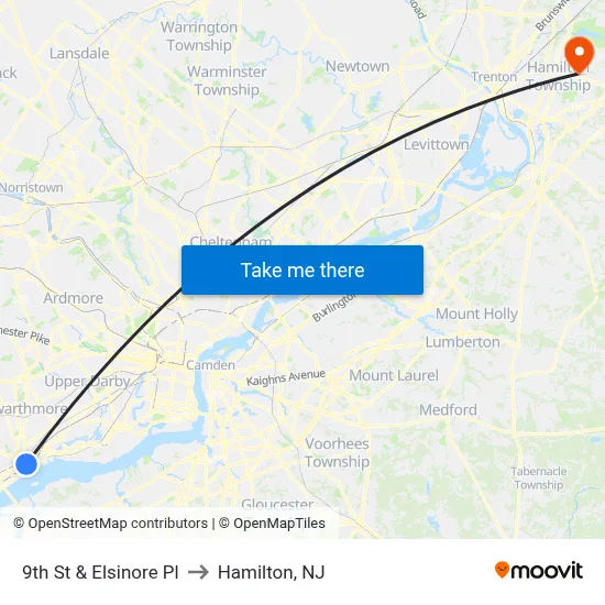 9th St & Elsinore Pl to Hamilton, NJ map