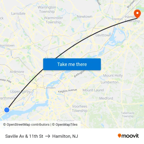 Saville Av & 11th St to Hamilton, NJ map
